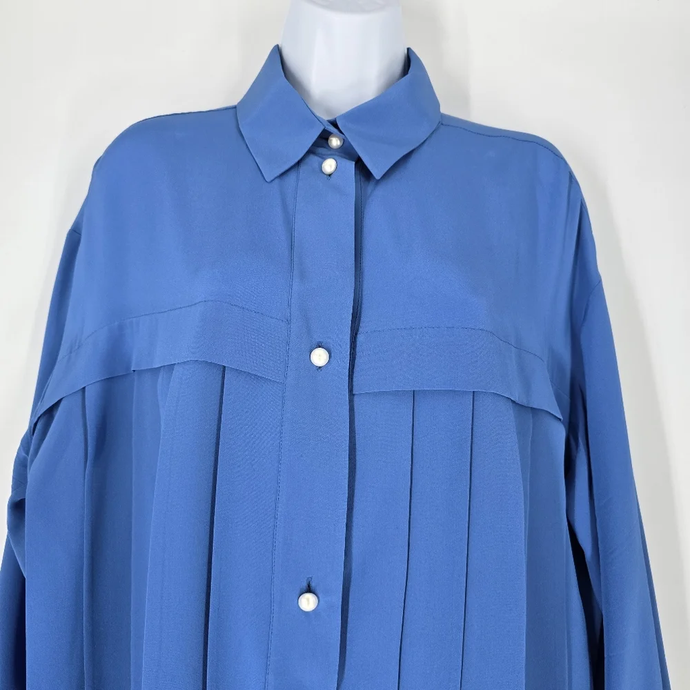 Chanel Blue Pleated Silk Shirt Pearl Buttons Size 46 US 10